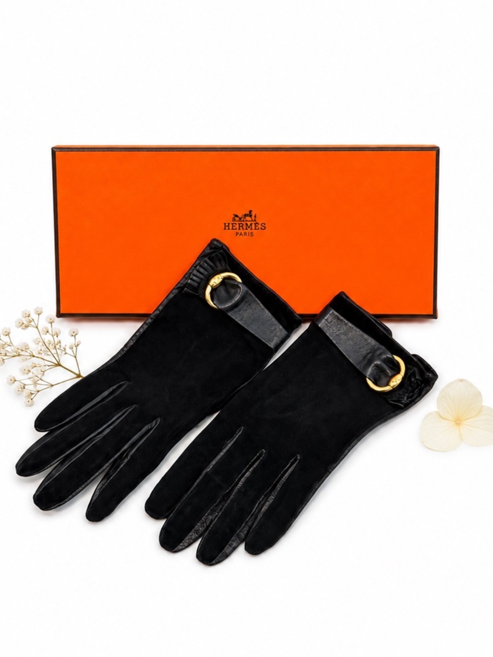 Hermés Black Suede & Lambskin Leather Chaine d’Ancre Women’s Gloves W/ Box
